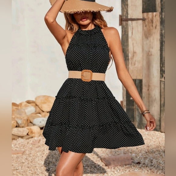 Chiffon Halter A-Line Black White Polka Dots Dress